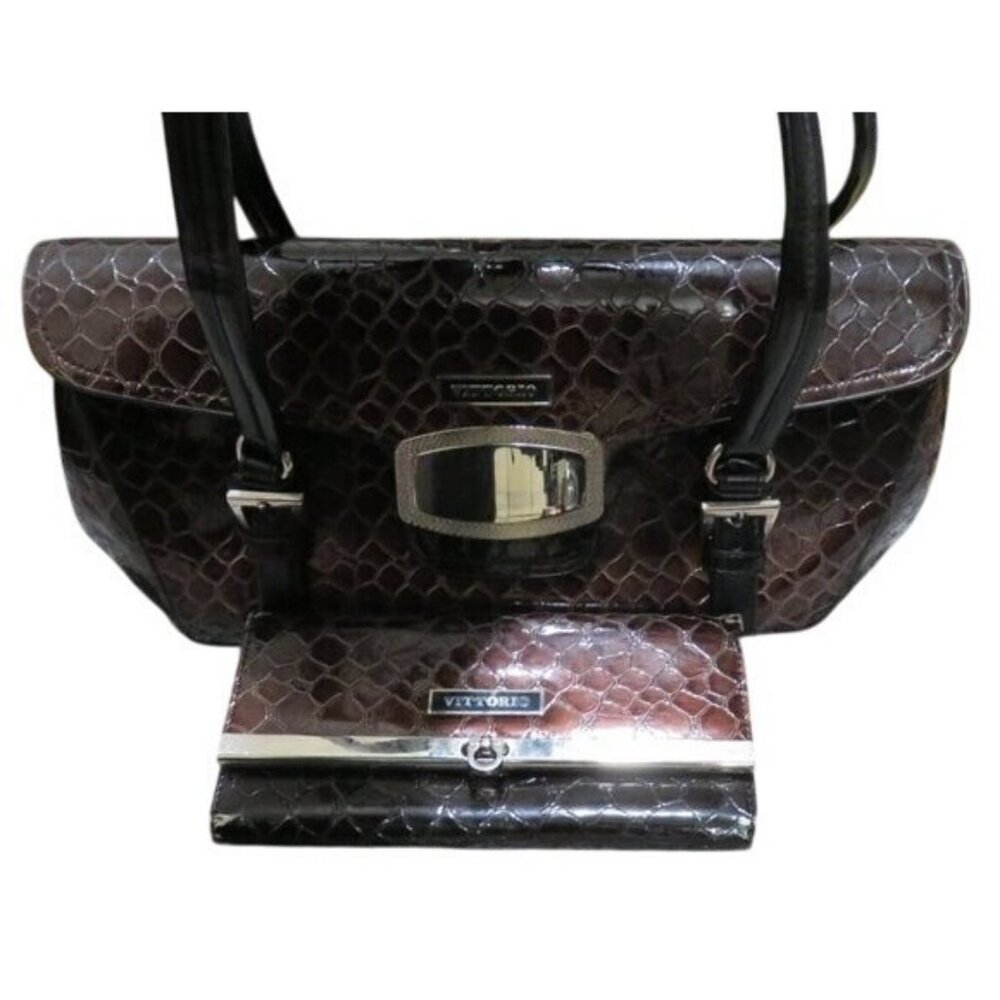Vittorio Croc embossed Italian leather satchel handbag & Matching Wallet